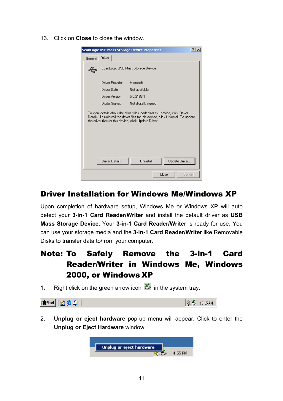 Driver installation for windows me/windows xp | Transcend Information 3-in-1 Card Reader/Writer TS0MFLRD User Manual | Page 13 / 17