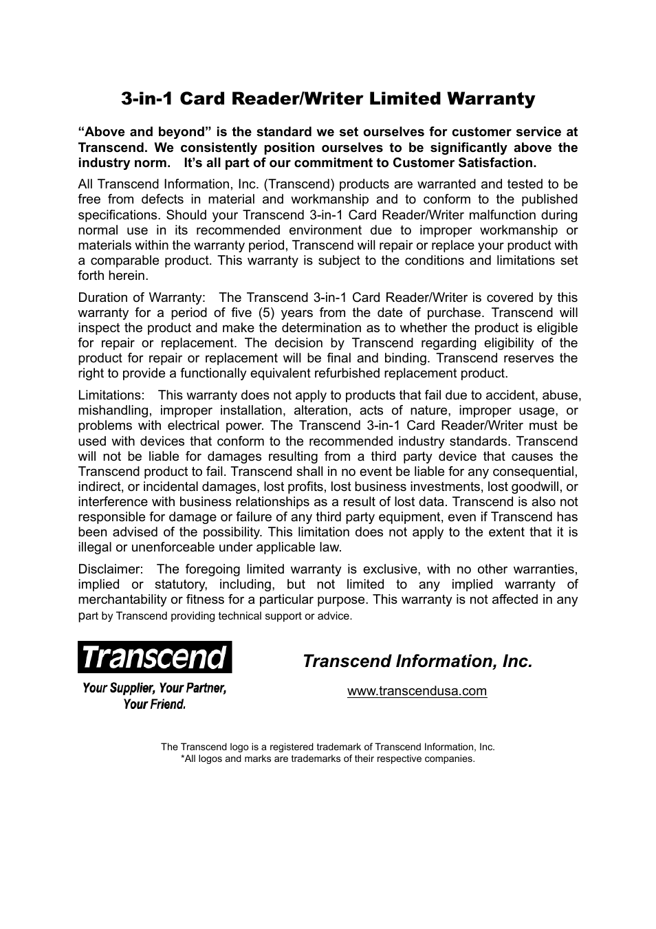 In-1 card reader/writer limited warranty, Transcend information, inc | Transcend Information 3-in-1 Card Reader/Writer TS0MFLRD User Manual | Page 17 / 17
