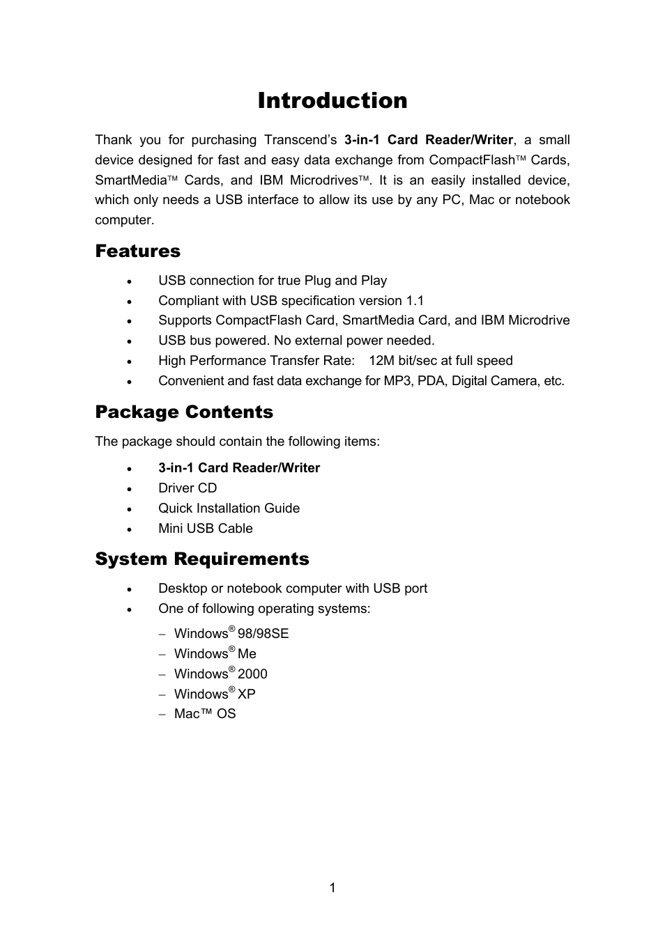 Introduction, Features, Package contents | System requirements | Transcend Information 3-in-1 Card Reader/Writer TS0MFLRD User Manual | Page 3 / 17
