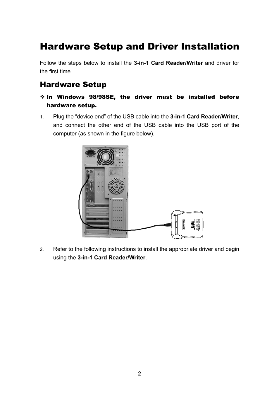 Hardware setup and driver installation, Hardware setup | Transcend Information 3-in-1 Card Reader/Writer TS0MFLRD User Manual | Page 4 / 17
