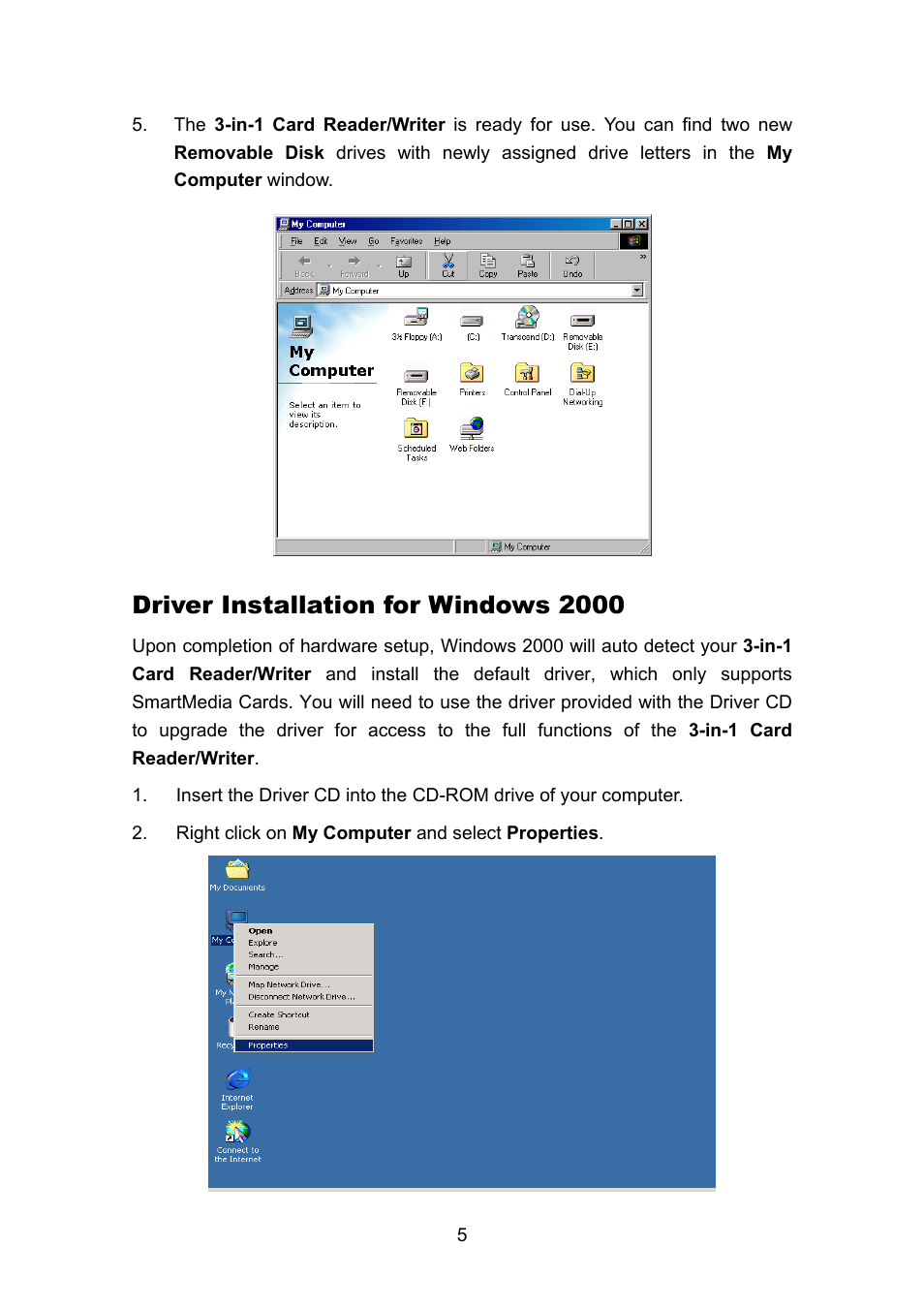 Driver installation for windows 2000 | Transcend Information 3-in-1 Card Reader/Writer TS0MFLRD User Manual | Page 7 / 17