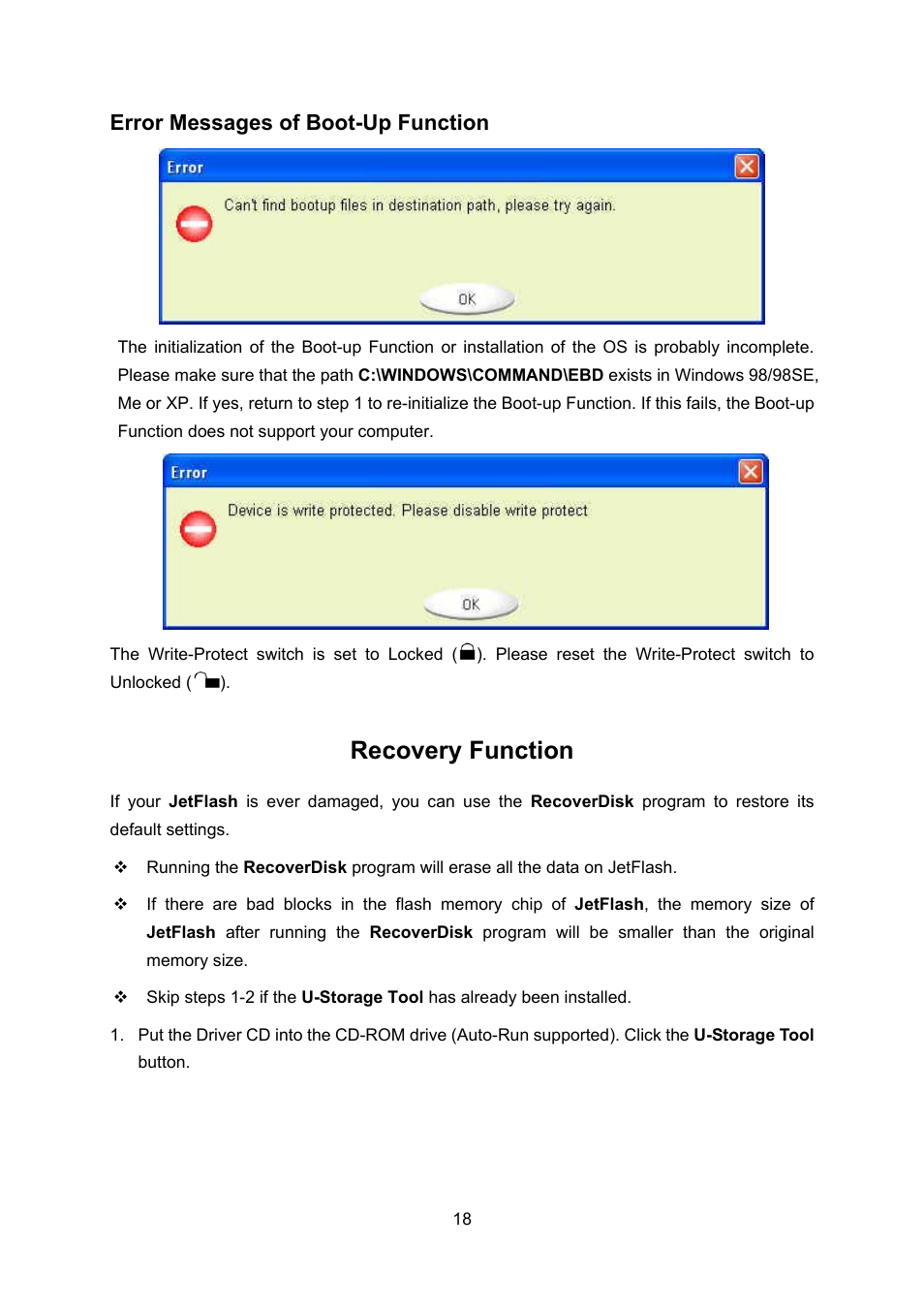 Error messages of boot-up function, Recovery function | Transcend Information 32MB4GB User Manual | Page 20 / 25