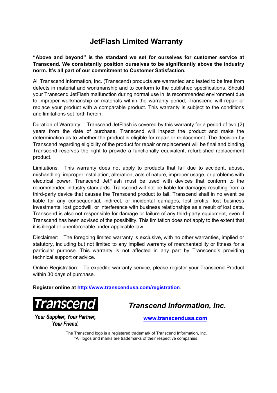 Jetflash limited warranty, Transcend information, inc | Transcend Information 32MB4GB User Manual | Page 25 / 25
