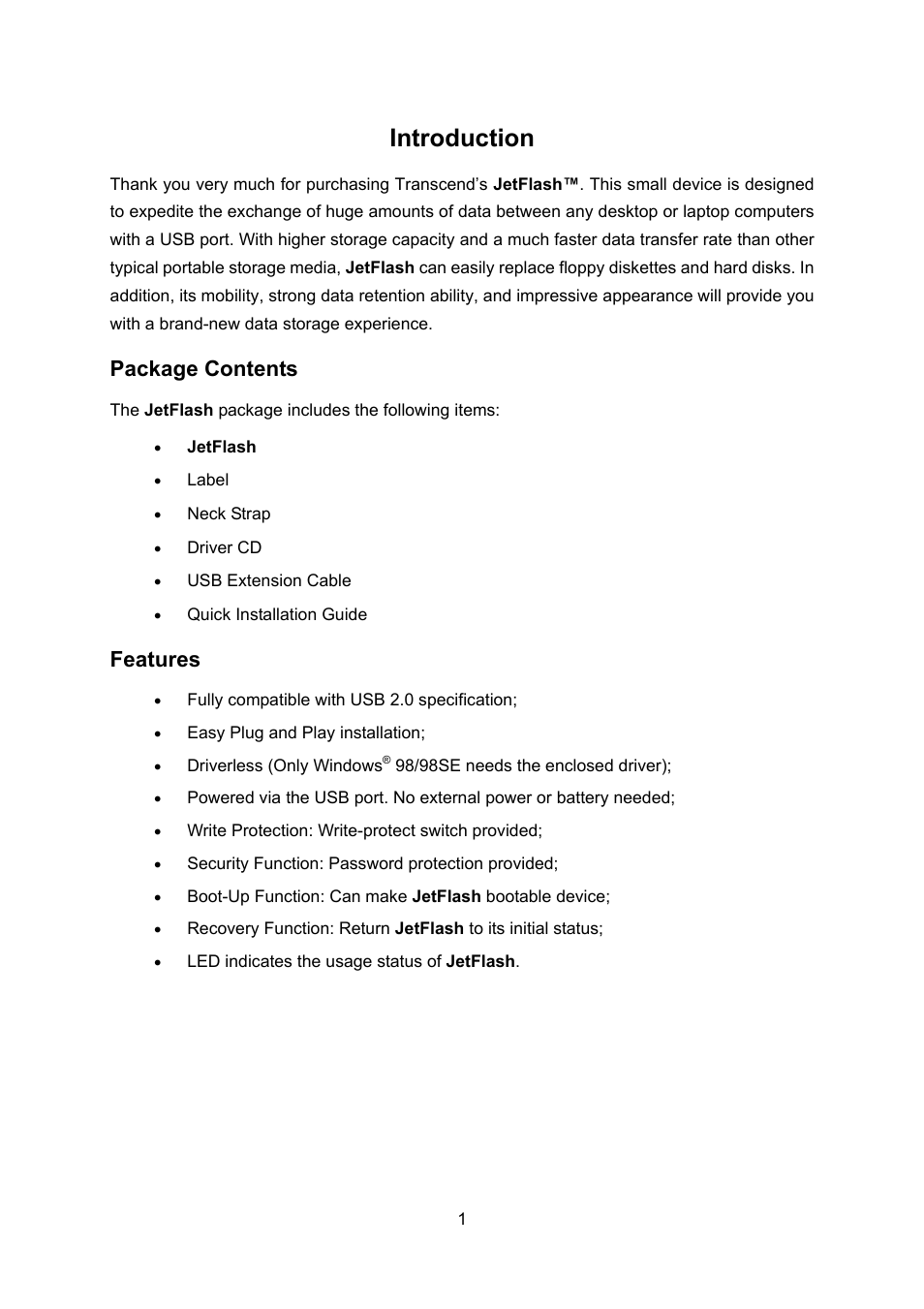 Introduction, Package contents features, Package contents | Features | Transcend Information 32MB4GB User Manual | Page 3 / 25