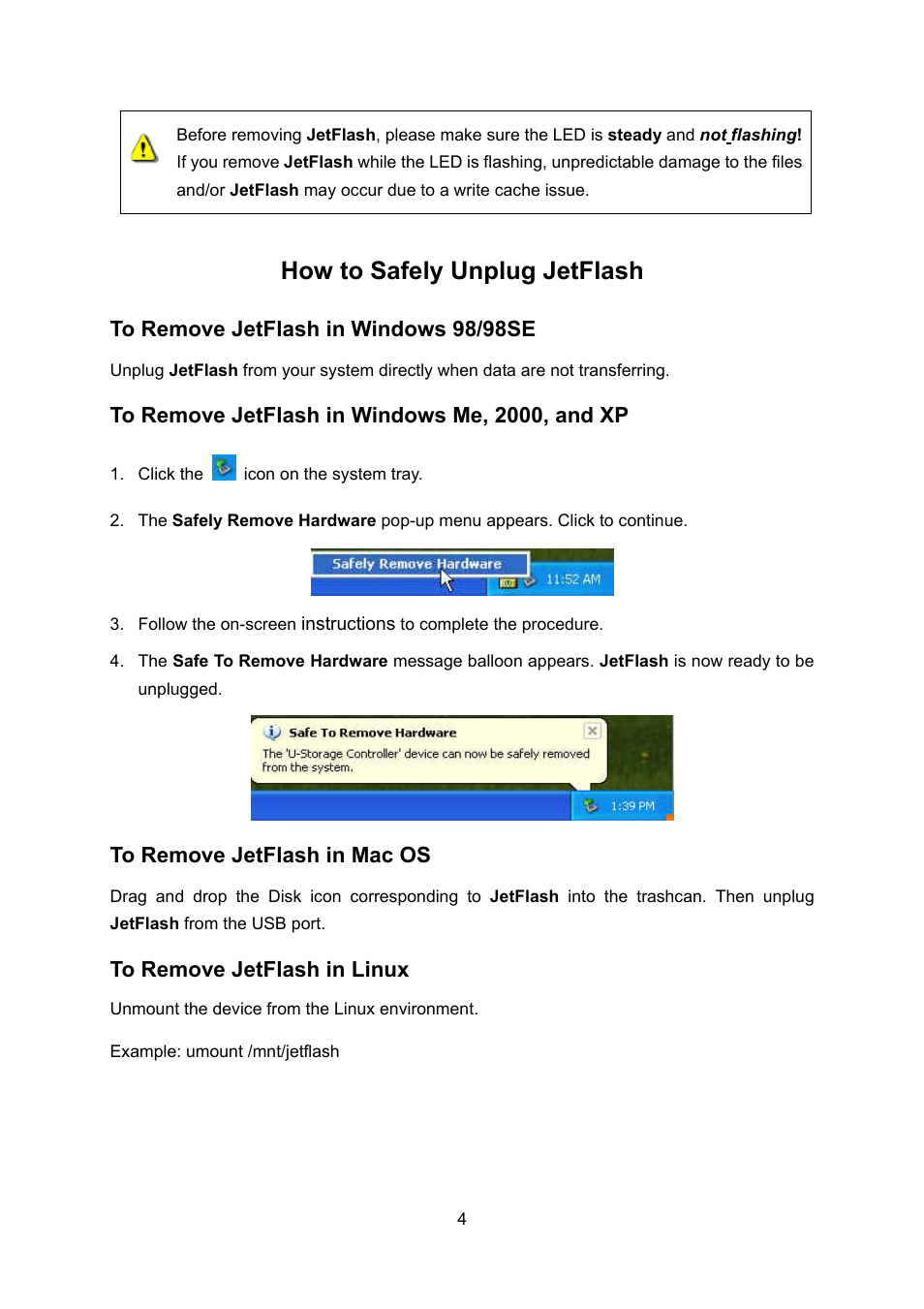 How to safely unplug jetflash | Transcend Information 32MB4GB User Manual | Page 6 / 25