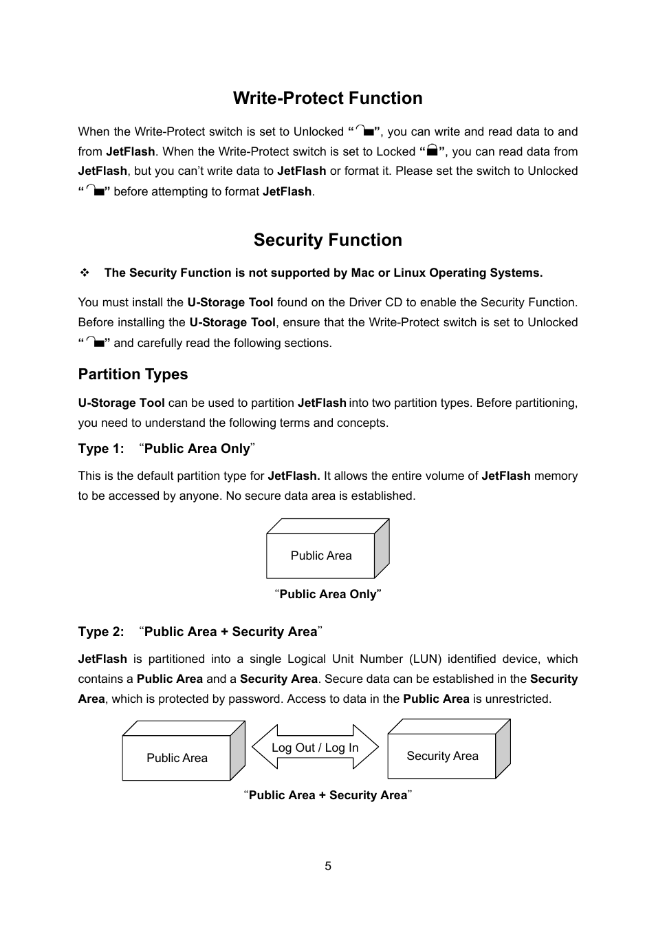 Write-protect function, Security function, Partition types | Transcend Information 32MB4GB User Manual | Page 7 / 25