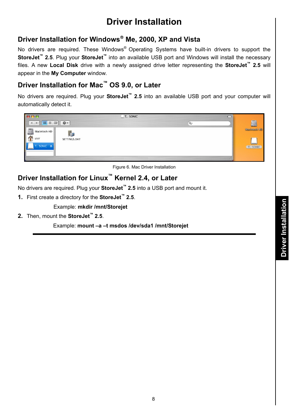 Driver installation, Driver installation for windows, Me, 2000, xp and vista | Driver installation for mac, Os 9.0, or later, Driver installation for linux, Kernel 2.4, or later, Driver installation driver installation | Transcend Information STOREJET 2.5 IDE User Manual | Page 10 / 18