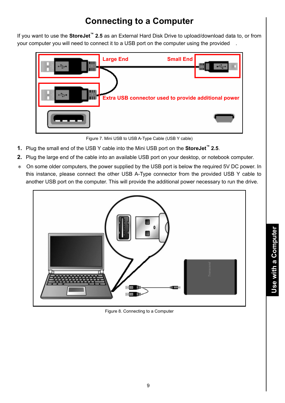 Connecting to a computer, Use with a computer | Transcend Information STOREJET 2.5 IDE User Manual | Page 11 / 18