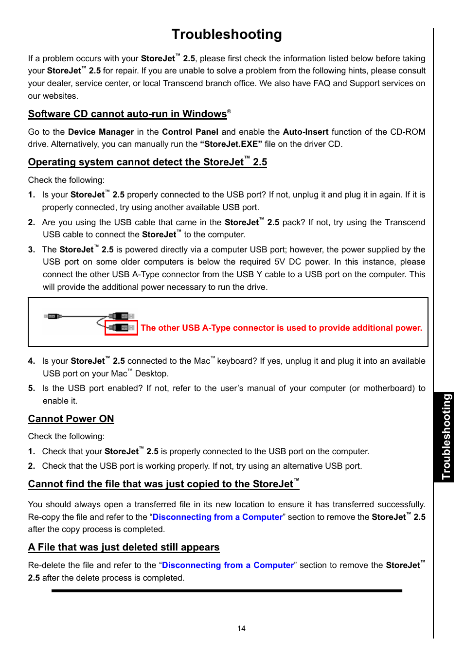 Troubleshooting, Troubleshooting troubleshooting | Transcend Information STOREJET 2.5 IDE User Manual | Page 16 / 18