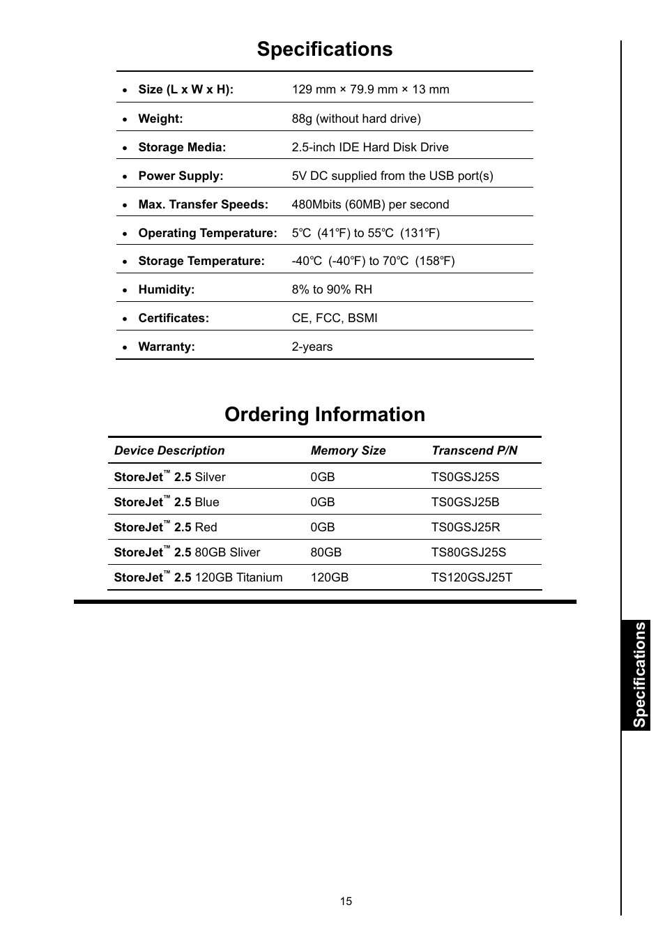 Specifications, Ordering information | Transcend Information STOREJET 2.5 IDE User Manual | Page 17 / 18