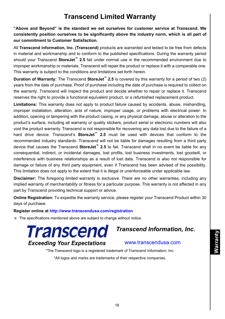 Transcend limited warranty, Transcend information, inc, Warranty | Transcend Information STOREJET 2.5 IDE User Manual | Page 18 / 18