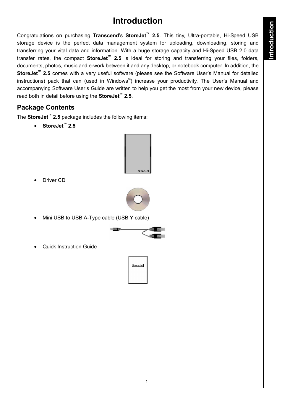 Introduction, Package contents, Introduct ion introduct ion | Transcend Information STOREJET 2.5 IDE User Manual | Page 3 / 18