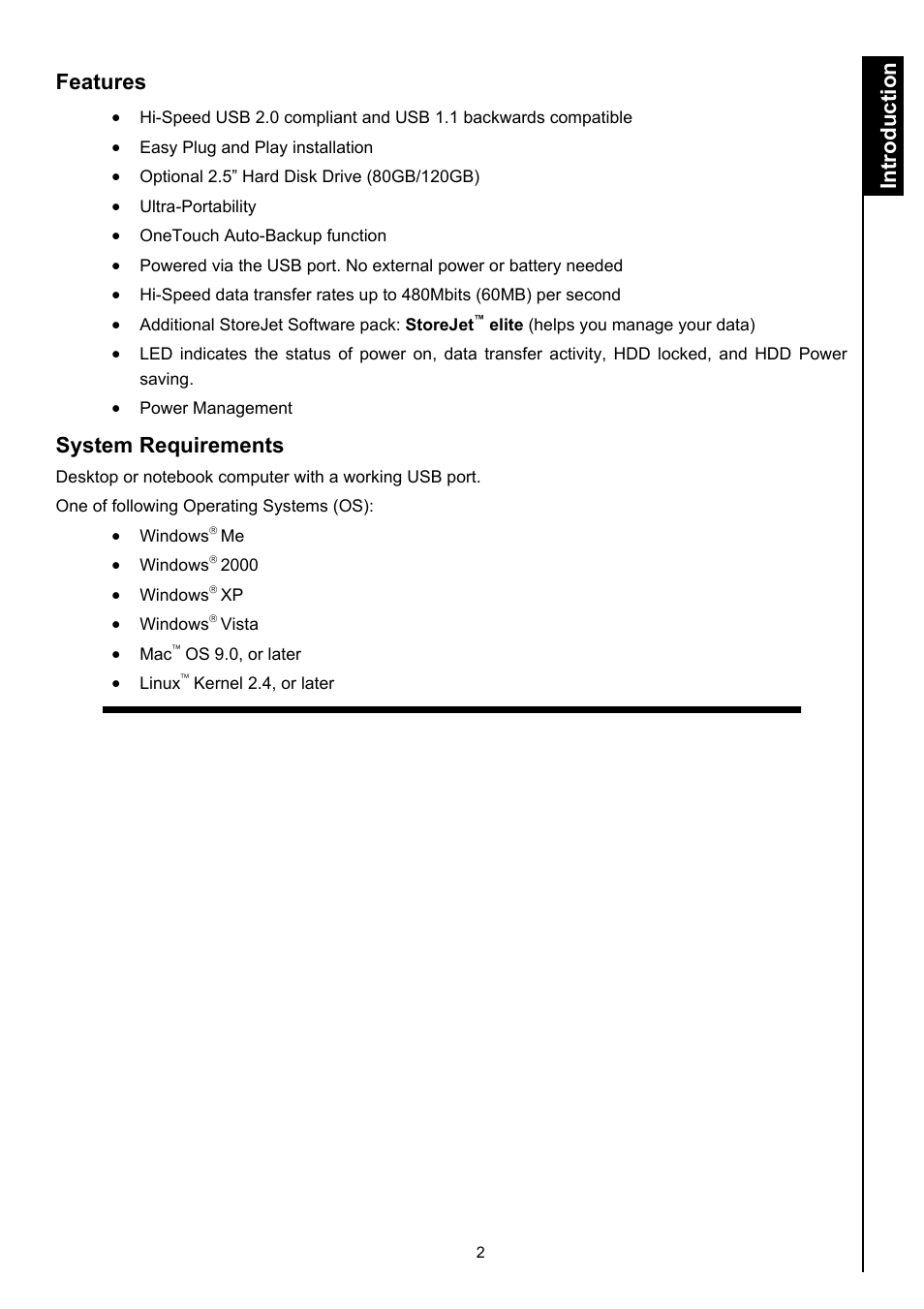 Features, System requirements, Introduct ion | Transcend Information STOREJET 2.5 IDE User Manual | Page 4 / 18