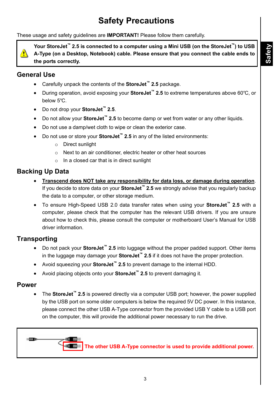 Safety precautions, General use, Backing up data | Transporting, Power, Safety | Transcend Information STOREJET 2.5 IDE User Manual | Page 5 / 18