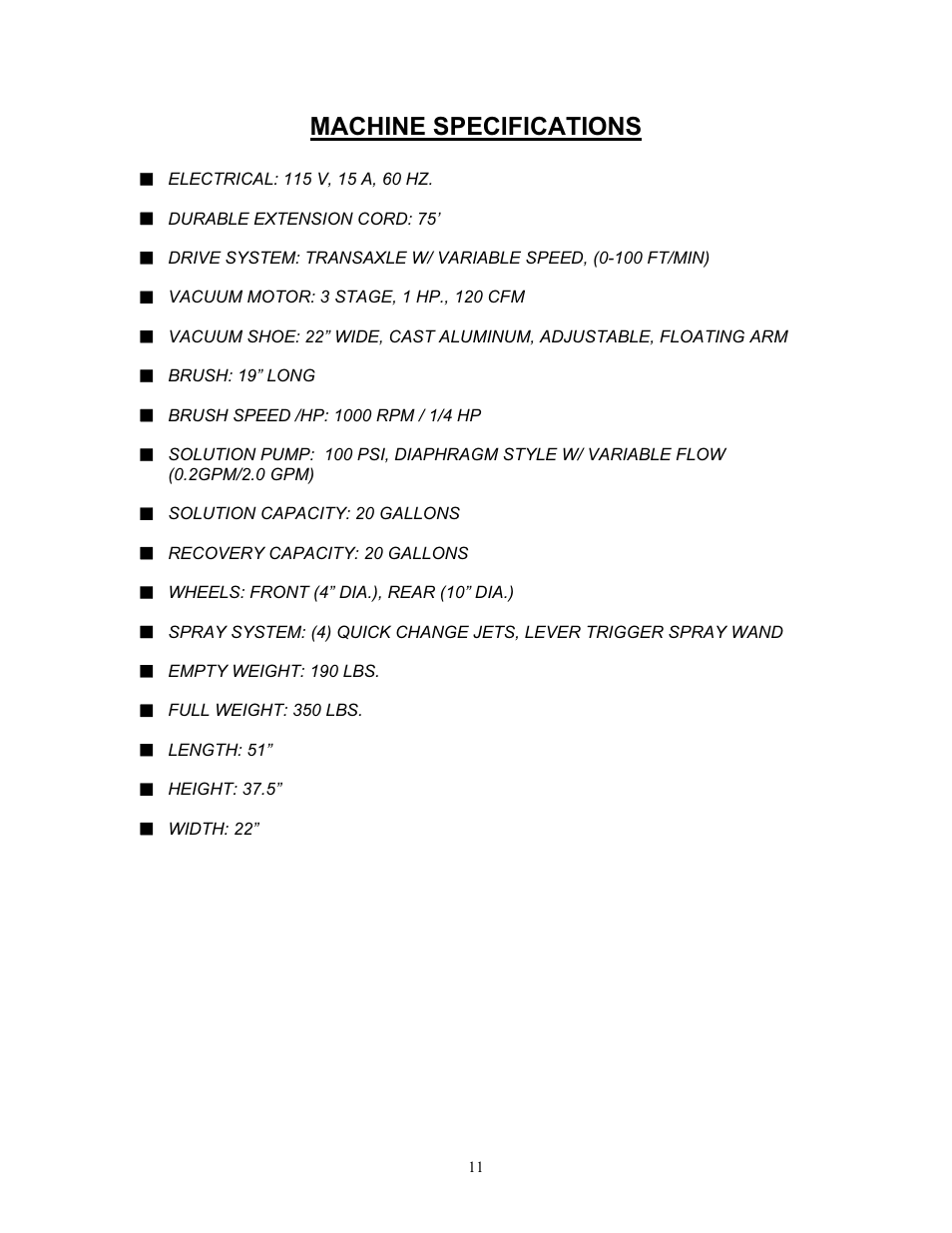 Machine specifications | TORNADO 98190 User Manual | Page 11 / 16