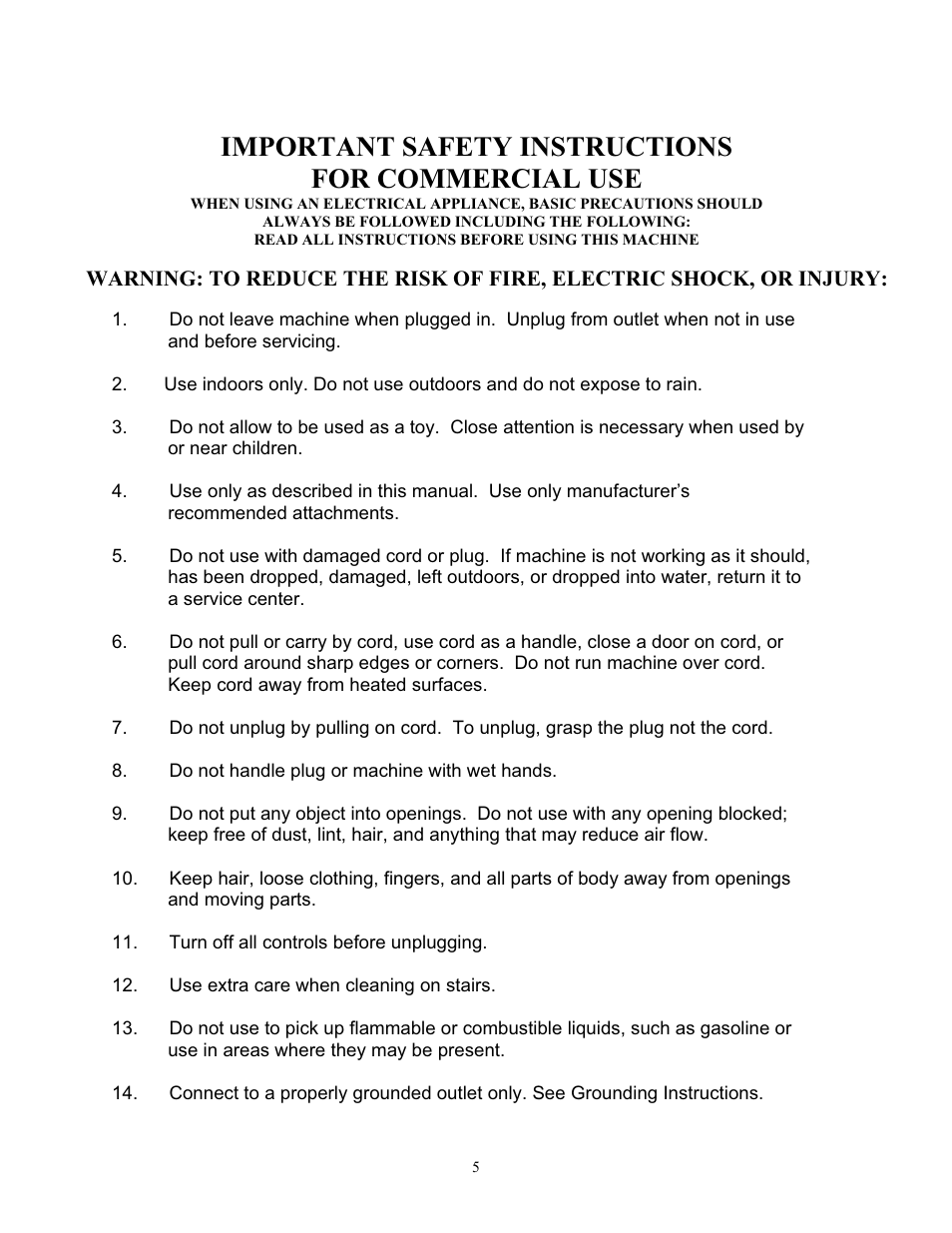 Important safety instructions for commercial use | TORNADO 98190 User Manual | Page 5 / 16