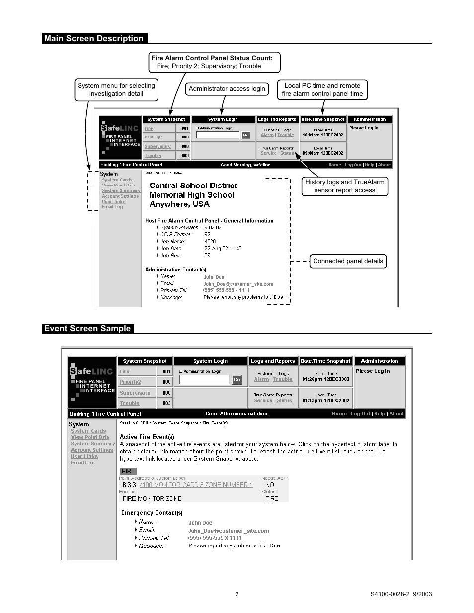 Main screen description event screen sample | Tyco SafeLINC 4120 User Manual | Page 2 / 4