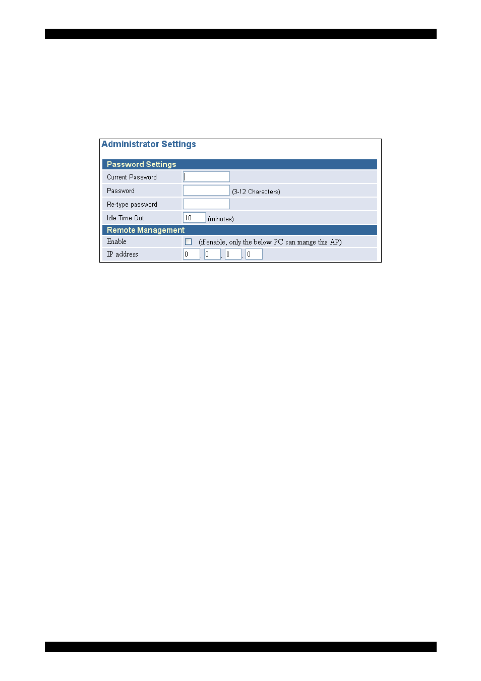 System menu, Administrator settings, Password settings | Idle time out, Remote management | Tyco 0-1591700-x User Manual | Page 15 / 33