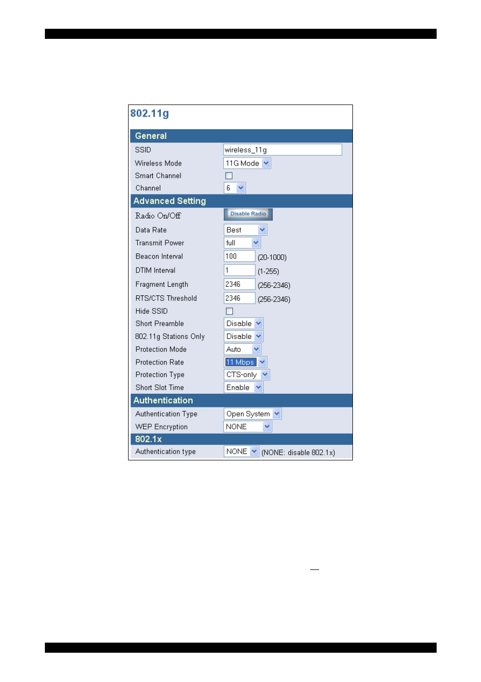 11g menu option, Channel, Short preamble | Tyco 0-1591700-x User Manual | Page 26 / 33