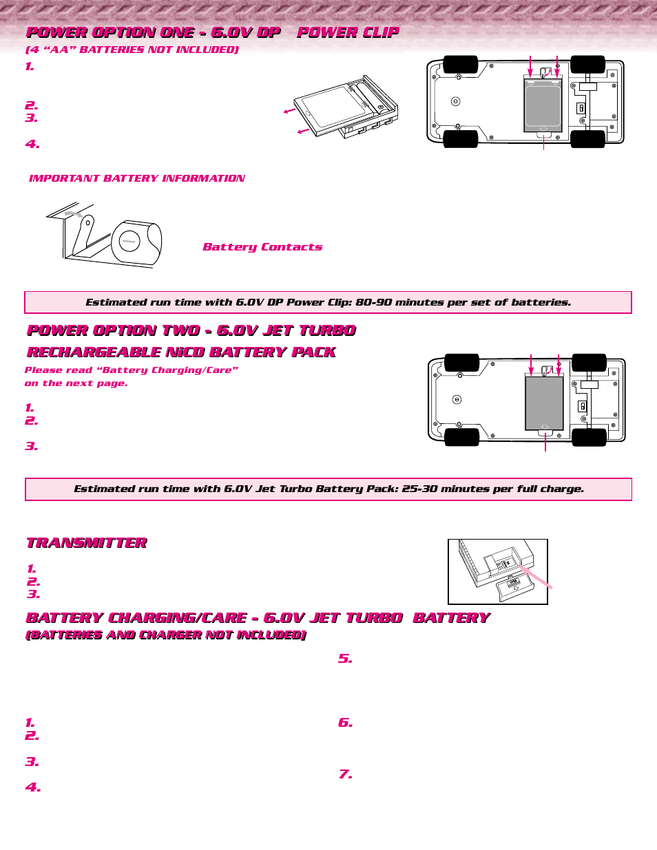 Battery charging/care - 6.0v jet turbo battery, Transmitter | Tyco CRASH BUGGY 35464-1920 User Manual | Page 2 / 4