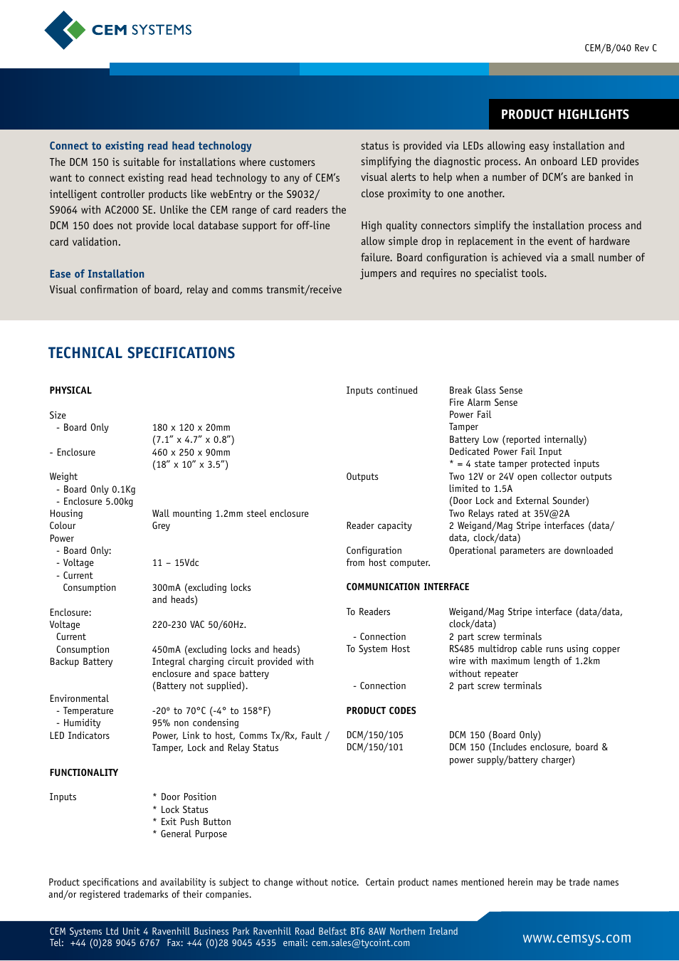 Technical specifications, Product highlights | Tyco Ethernet Input Output Controller DCM 150 User Manual | Page 2 / 2