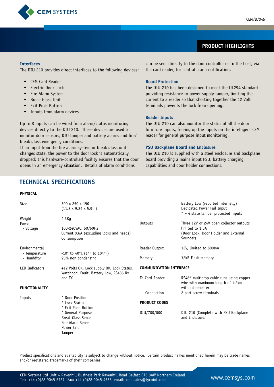 Technical specifications, Product highlights | Tyco Door Interface Unit DIU 210 User Manual | Page 2 / 2