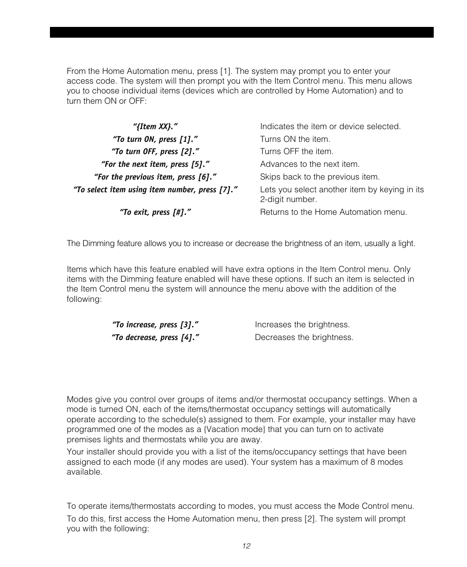 2 how to use the item control menu, 3 mode control | Tyco Voice Assisted Security Control Escort5580TC User Manual | Page 12 / 24