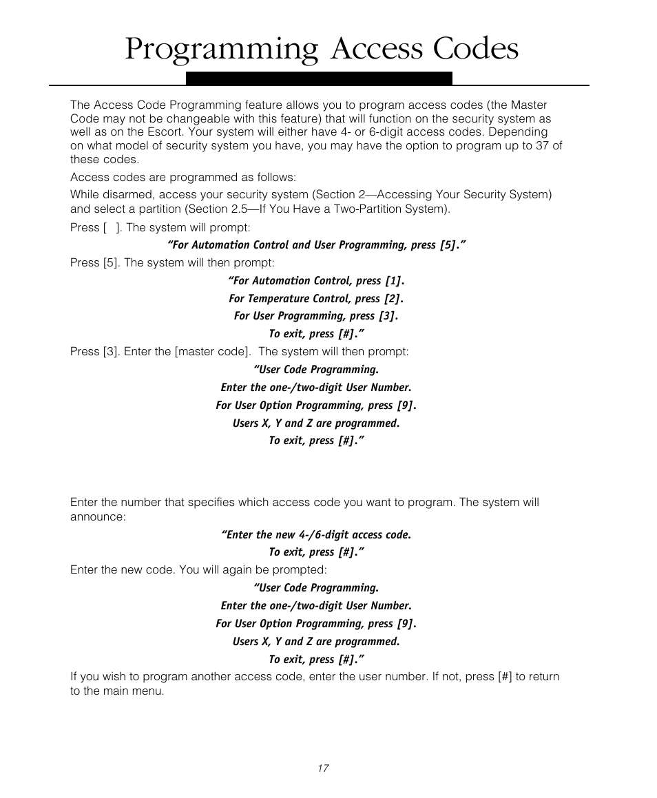 Programming access codes | Tyco Voice Assisted Security Control Escort5580TC User Manual | Page 17 / 24