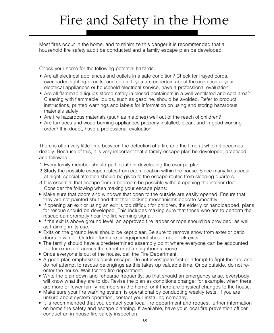 Fire and safety in the home, 1 household fire safety, 2 family escape planning | Tyco Voice Assisted Security Control Escort5580TC User Manual | Page 18 / 24