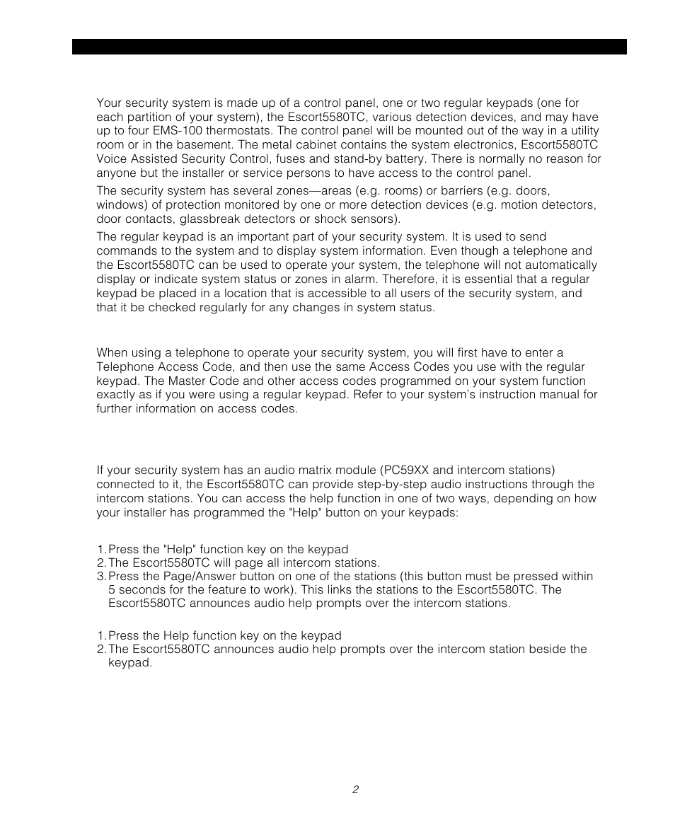 2 general system operation, 3 access codes, 4 audio help | Tyco Voice Assisted Security Control Escort5580TC User Manual | Page 2 / 24