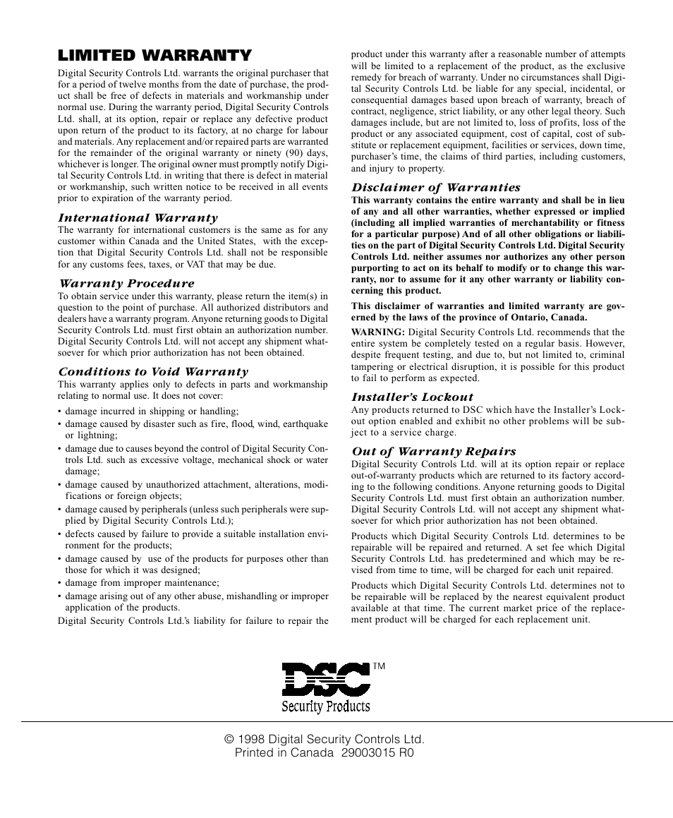 Limited warranty | Tyco Voice Assisted Security Control Escort5580TC User Manual | Page 20 / 24