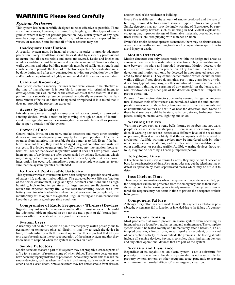 Warning, Please read carefully | Tyco Voice Assisted Security Control Escort5580TC User Manual | Page 24 / 24