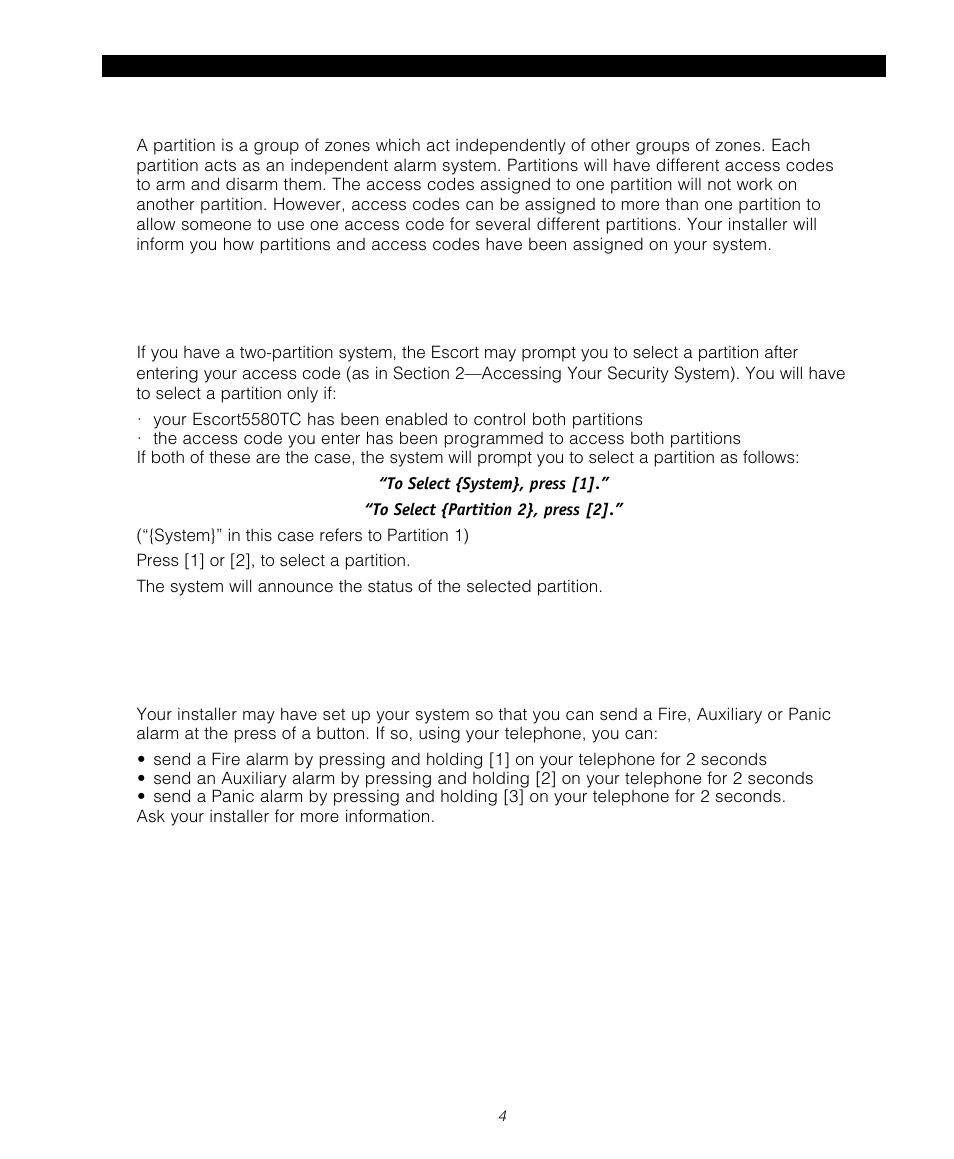 4 what is a partition, 5 if you have a two-partition system, 6 fire, auxiliary and panic alarms | Tyco Voice Assisted Security Control Escort5580TC User Manual | Page 4 / 24