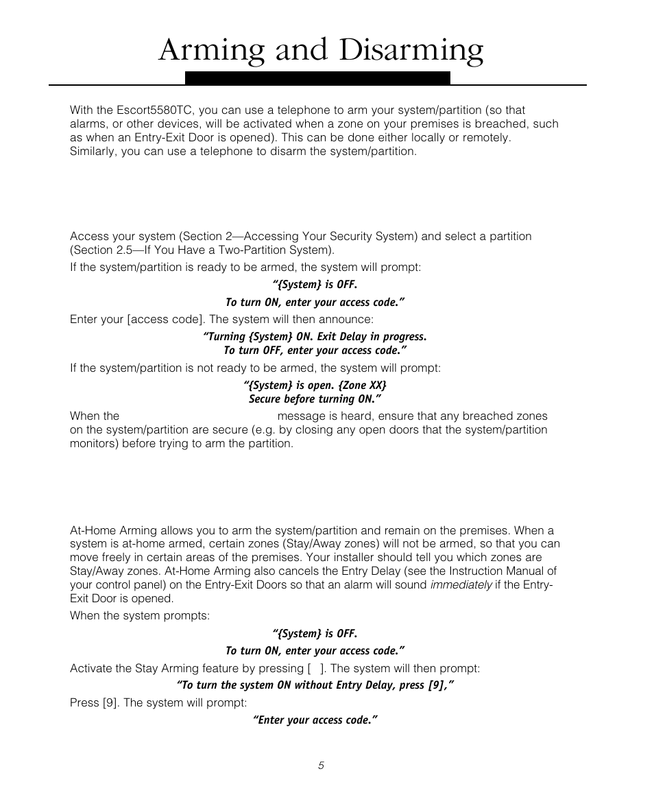 Arming and disarming, 1 away arming, 2 at-home arming | Tyco Voice Assisted Security Control Escort5580TC User Manual | Page 5 / 24