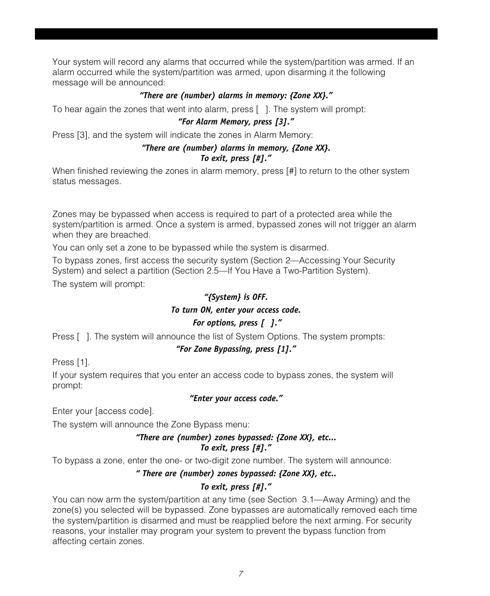 5 alarm memory, 6 bypassing zones | Tyco Voice Assisted Security Control Escort5580TC User Manual | Page 7 / 24