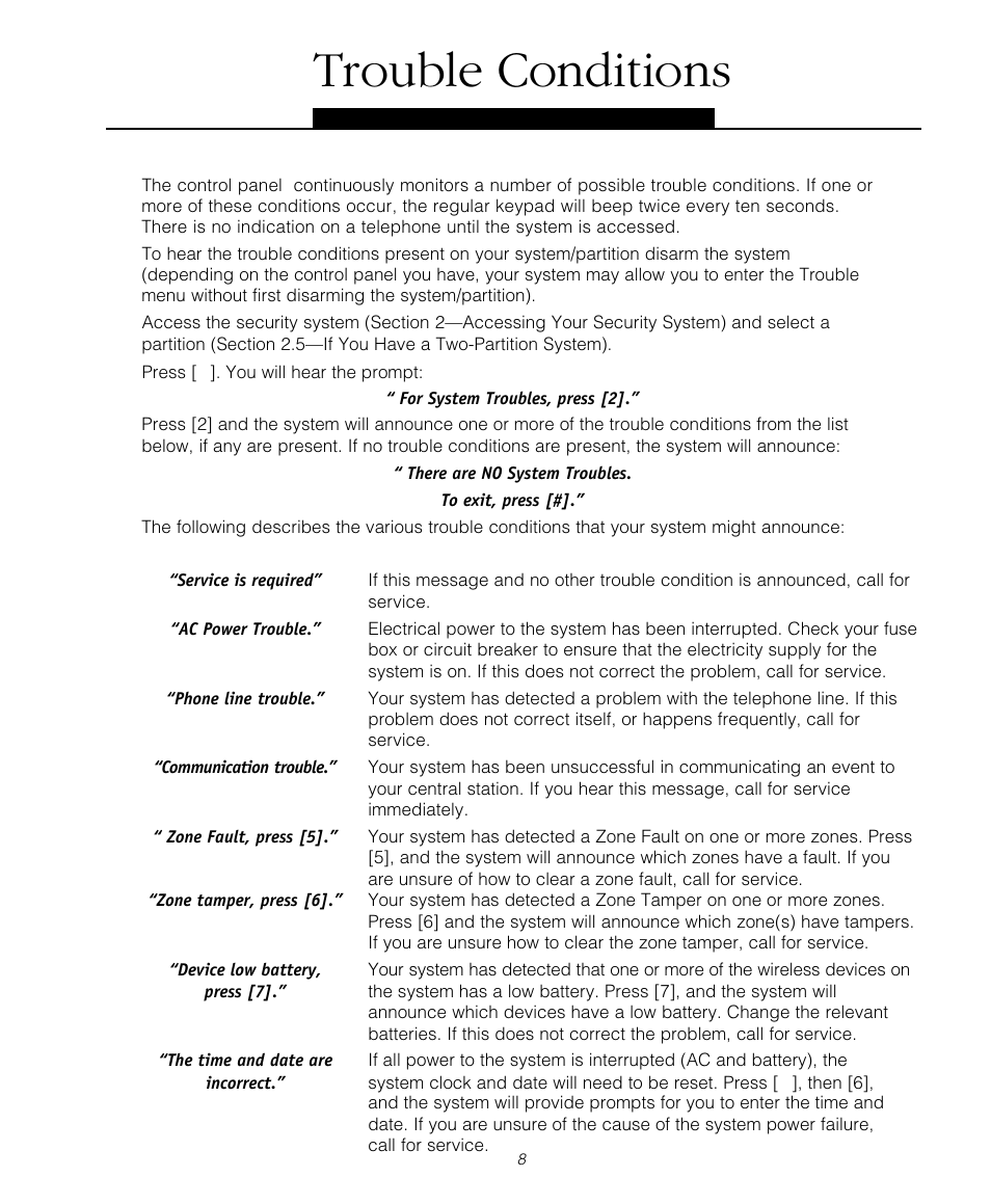 Trouble conditions | Tyco Voice Assisted Security Control Escort5580TC User Manual | Page 8 / 24