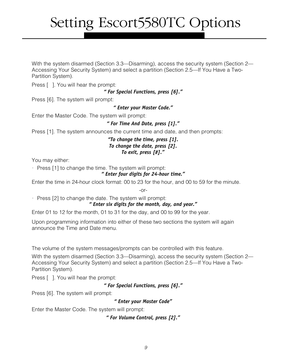 Setting escort5580tc options, 1 setting the time and date, 2 volume control | Tyco Voice Assisted Security Control Escort5580TC User Manual | Page 9 / 24