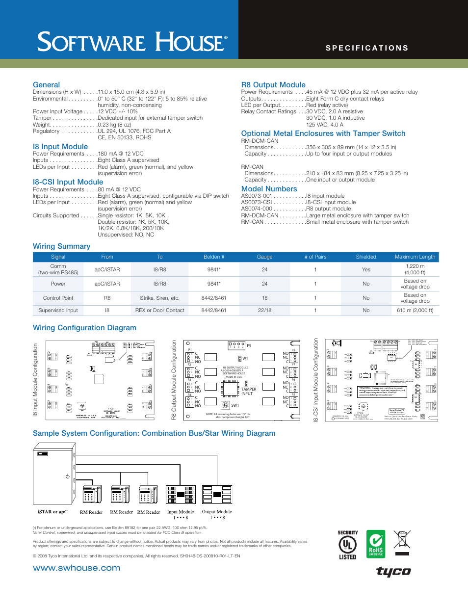 General, I8 input module, I8-csi input module | R8 output module, Optional metal enclosures with tamper switch, Model numbers, Wiring summary, Wiring configuration diagram | Tyco Software House AS0073-001 User Manual | Page 2 / 2