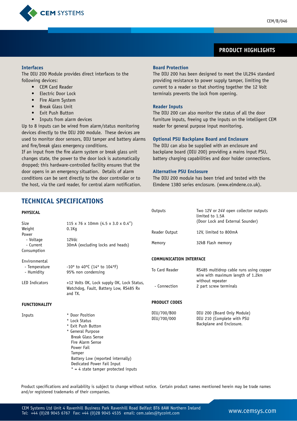 Technical specifications, Product highlights | Tyco Compact Door Interface Unit DIU 200 User Manual | Page 2 / 2