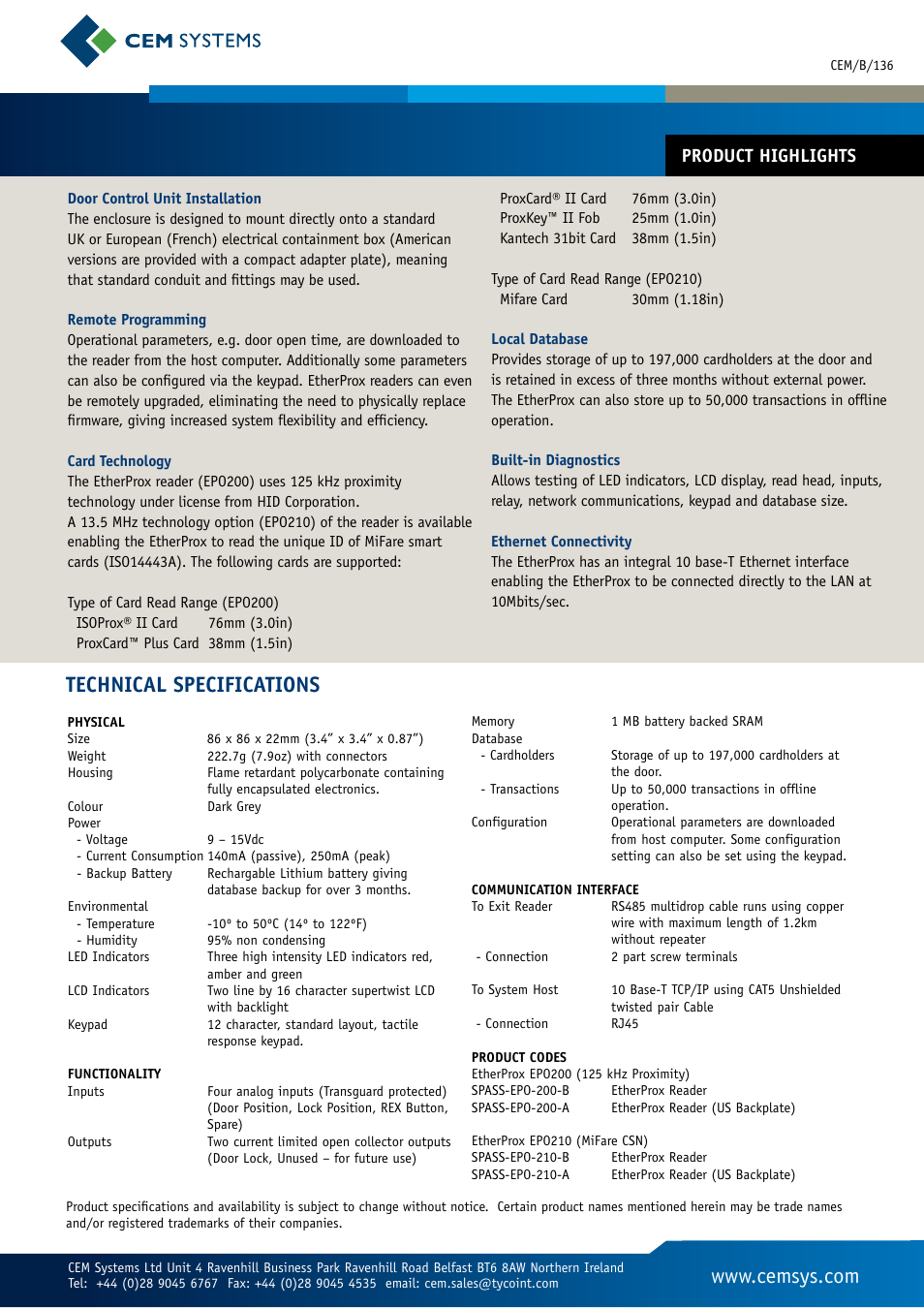 Technical specifications, Product highlights | Tyco EtherProx EPO200 User Manual | Page 2 / 2