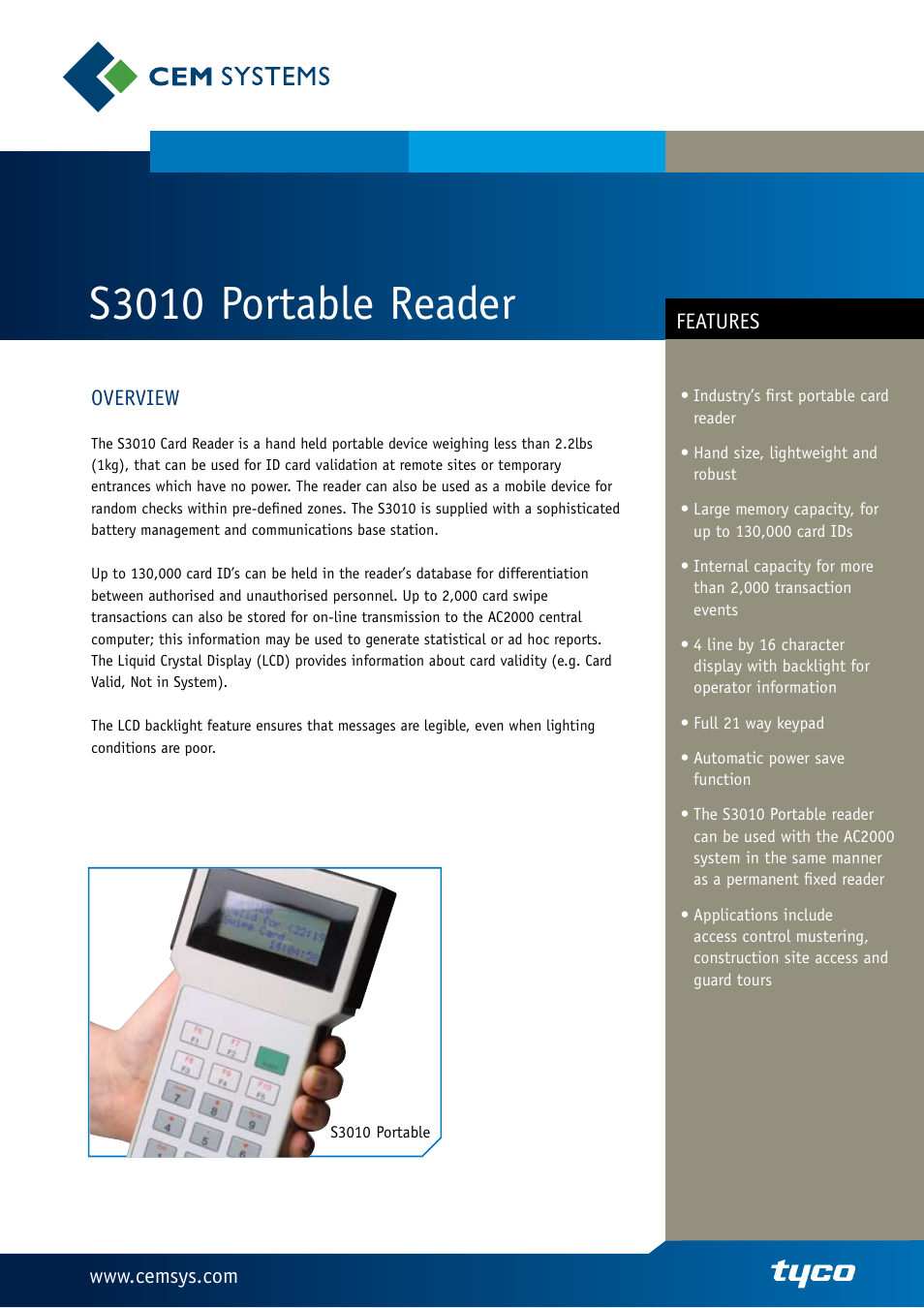 Tyco S3010 User Manual | 2 pages