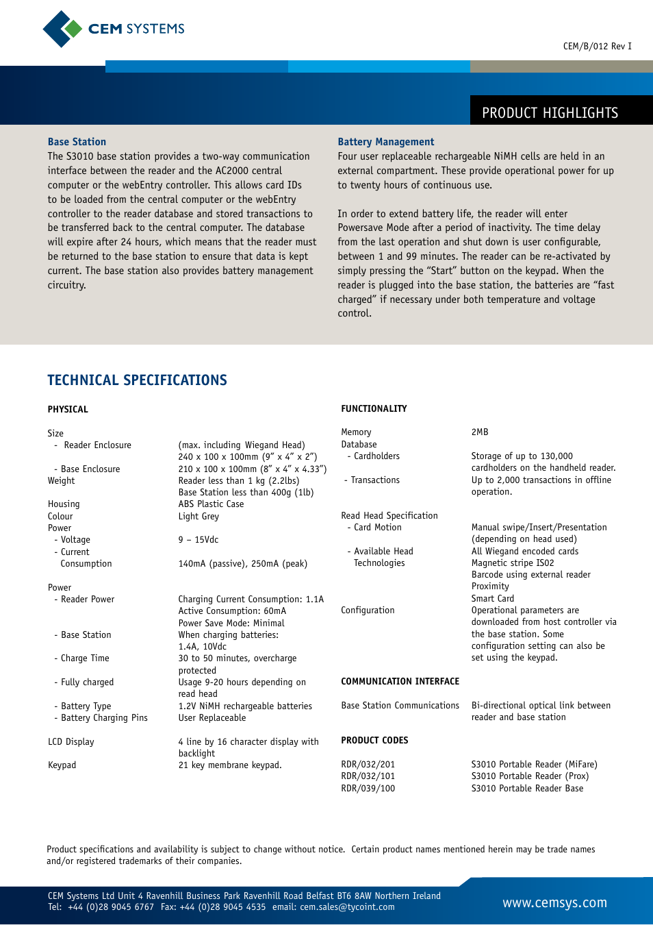 Technical specifications, Product highlights | Tyco S3010 User Manual | Page 2 / 2
