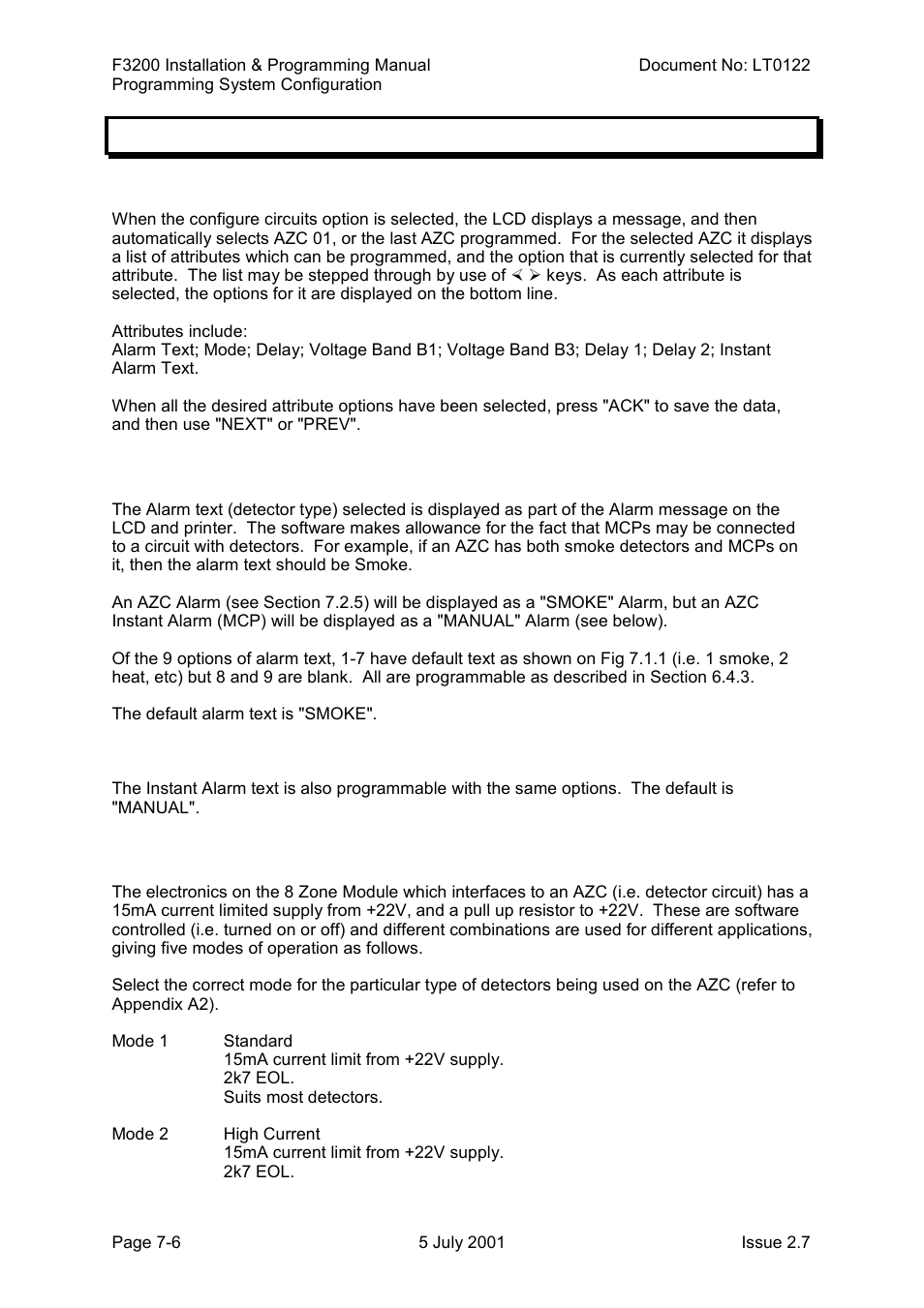 Configuring circuits (azcs), General, Alarm text | Mode, Configuring circuits (azcs) -6, 2 configuring circuits (azcs) | Tyco F3200 User Manual | Page 108 / 284