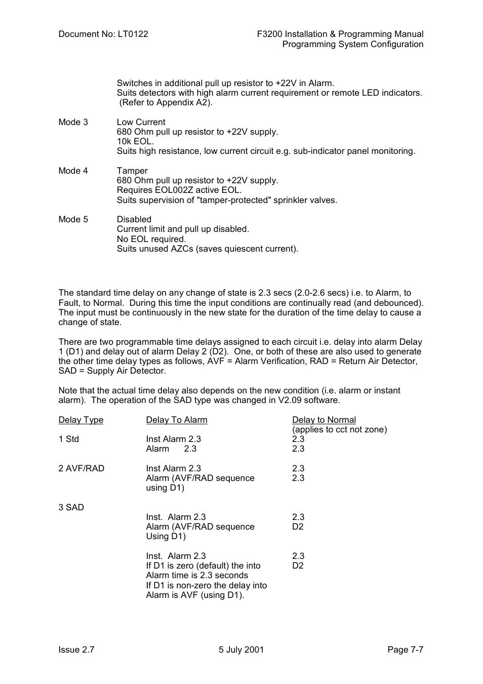 Time delays | Tyco F3200 User Manual | Page 109 / 284