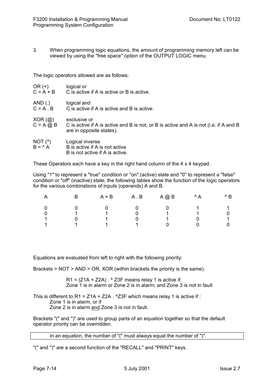 General (cont’d), Logic operators | Tyco F3200 User Manual | Page 116 / 284