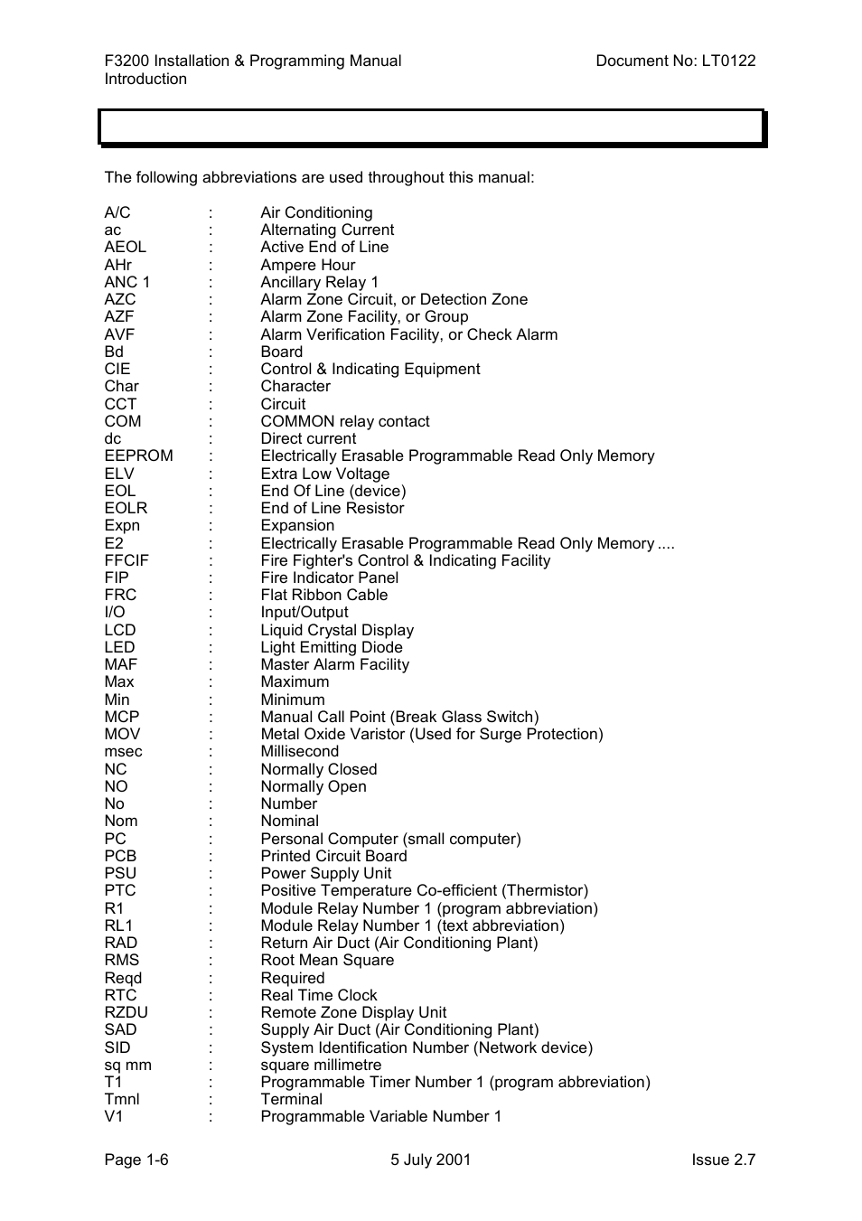 Glossary of abbreviations, Glossary of abbreviations -6, 4 glossary of abbreviations | Tyco F3200 User Manual | Page 12 / 284