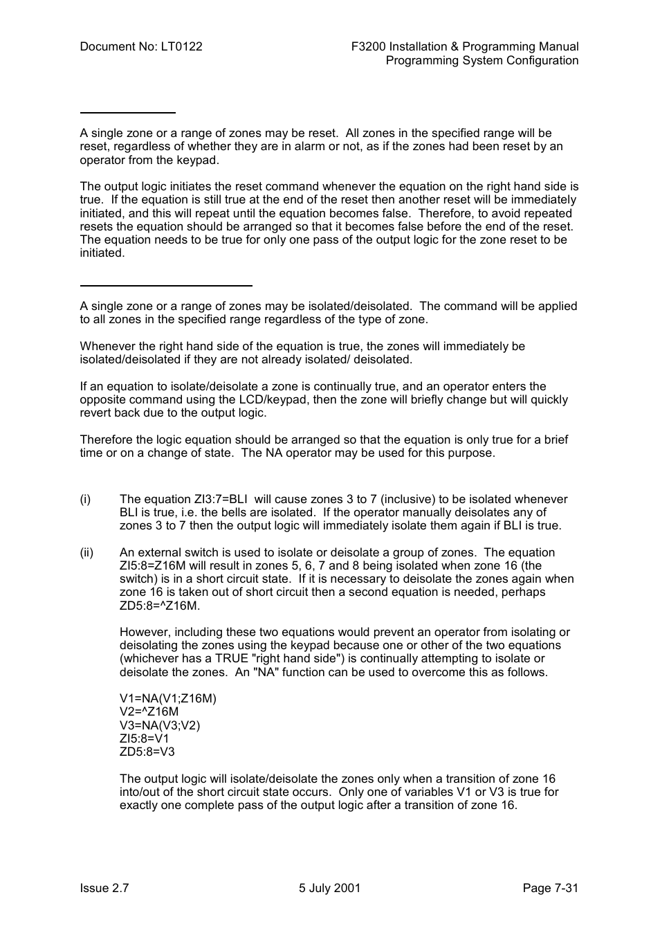 Operation of output logic zone commands, Example equations | Tyco F3200 User Manual | Page 133 / 284