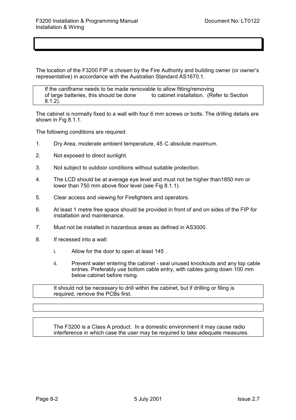 Installation, Cabinet installation, Installation -2 | 1 installation | Tyco F3200 User Manual | Page 140 / 284