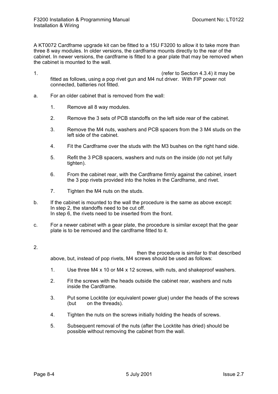 Cardframe installation | Tyco F3200 User Manual | Page 142 / 284