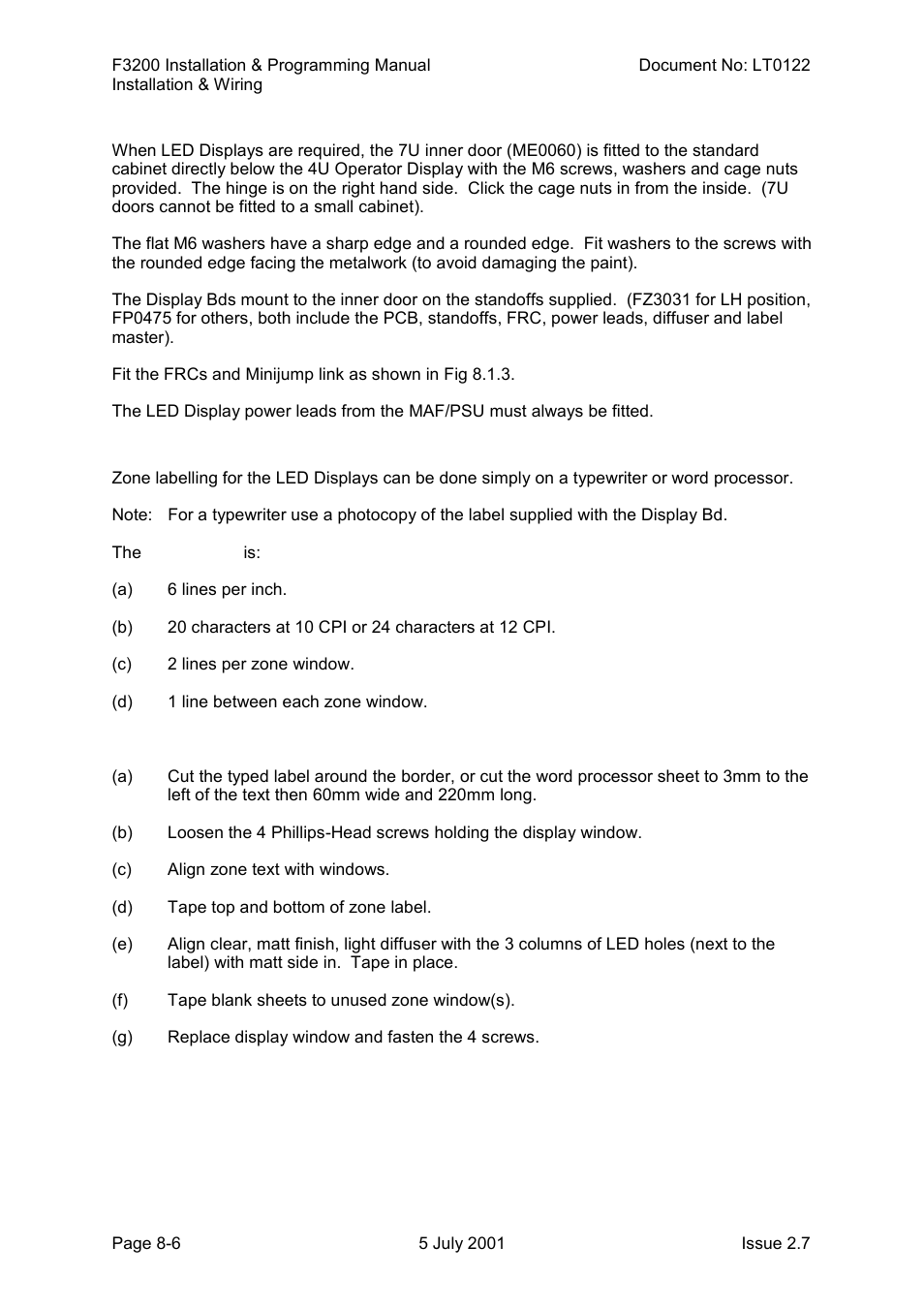 Led display installation, Zone labelling | Tyco F3200 User Manual | Page 144 / 284